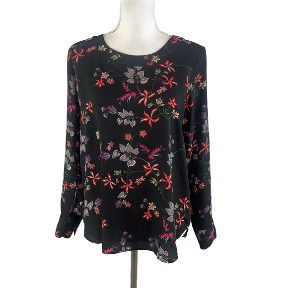 Banana Republic Blouse Top sz Small Black Red Floral Cottage Core Modest Church - Picture 1 of 8